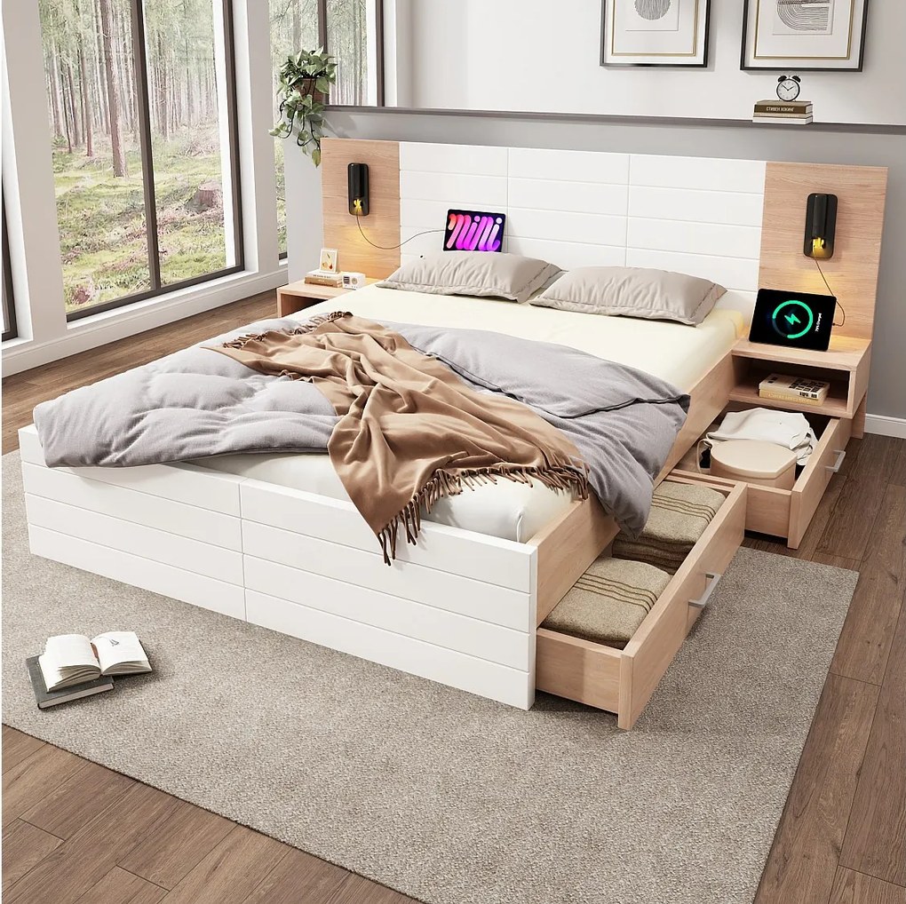 Łóżko dla dorosłych 140x200 cm - z zagłówkiem, 2 szufladami, gniazdem USB - kolor biały i jasny dąb - materac nie jest wliczony w cenę