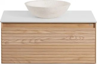 Zestaw Wiszących Mebli Łazienkowych Z Drewna Jesionowego Tedrik Popielaty Brąz & Cement Okrągły Biały Ø40 Cm Zavion & Bezlusterkowiec - Sklum