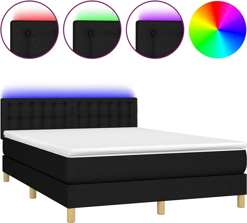 Oświetlana Łóżko Kontynentalne z Materacem LED Czarny 140x190 cm Tkanina