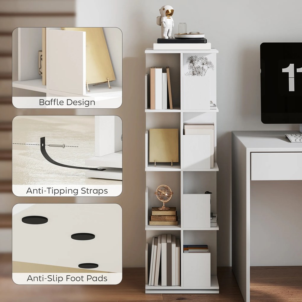 HOMCOM Obrotowy regał na książki z 4 poziomami, 16 przegródkami, łatwy w dostępie, do sypialni, salonu, gabinetu, płyta wiórowa, Biały