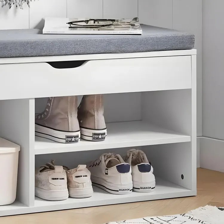 Szeroki regał na buty z siedziskiem i schowkiem Noa 249, biały