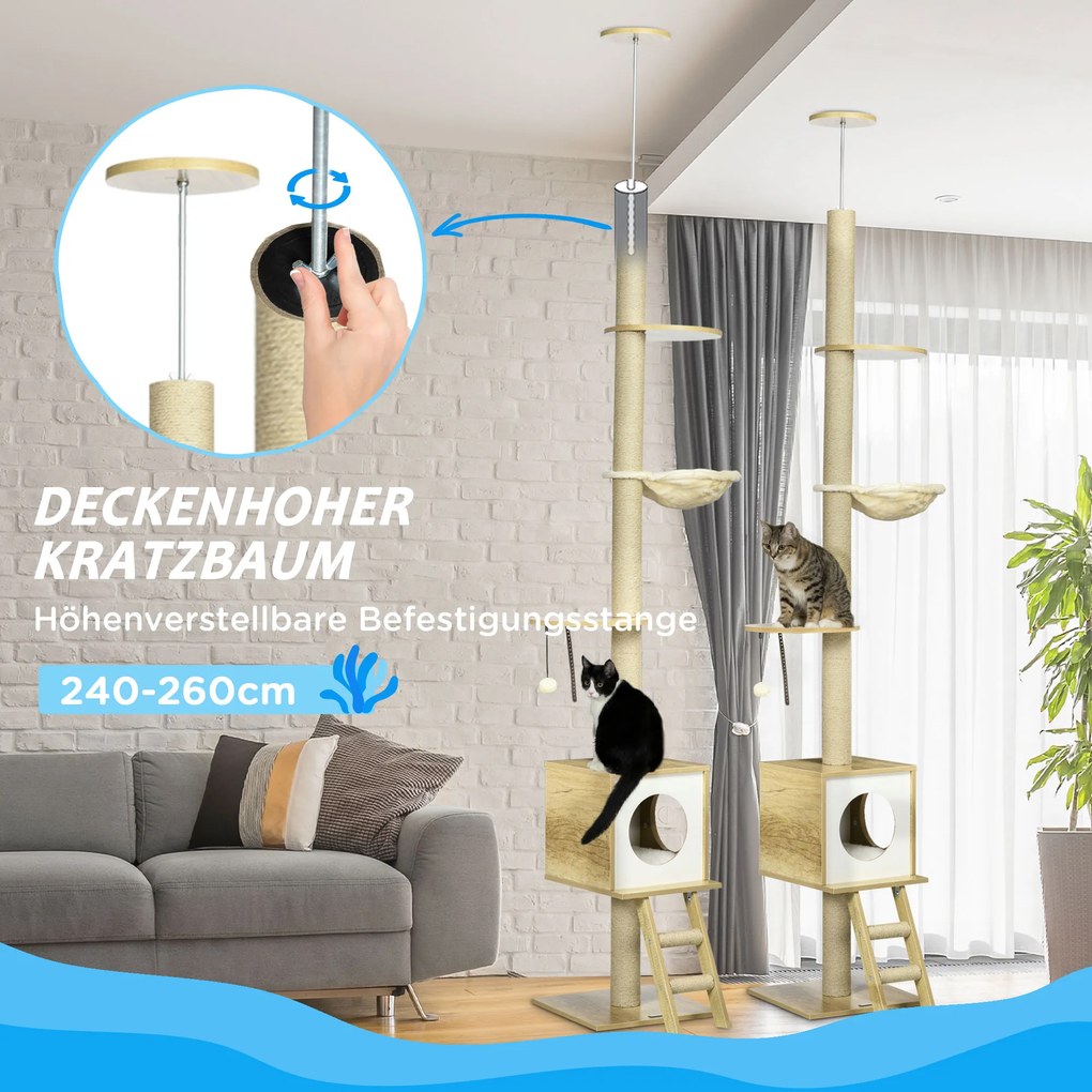 PawHut Drzewko do Drapania od Podłogi do Sufitu Jasnobrązowe | Aosom PL