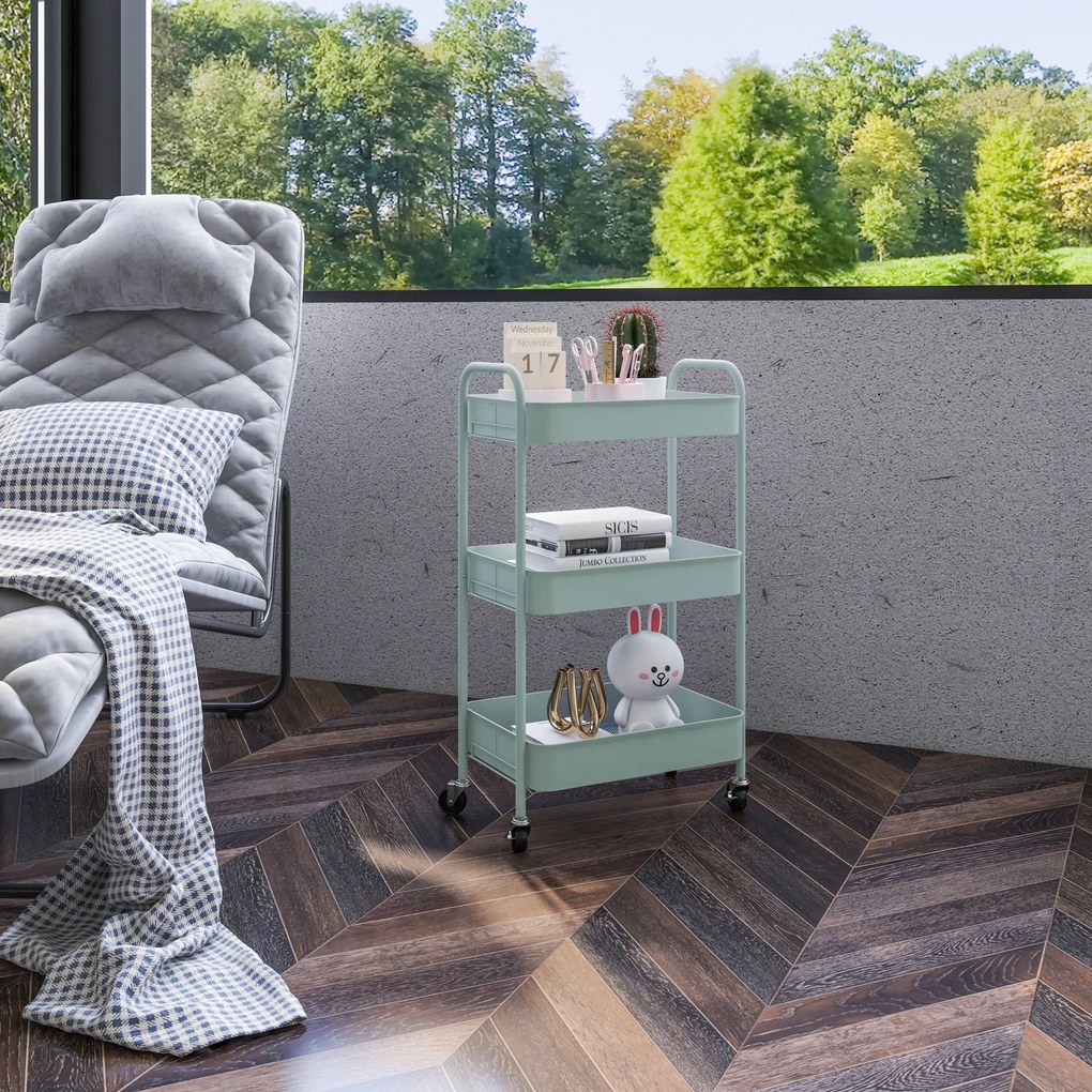 HOMCOM Wielofunkcyjny Wózek Kuchenny, Wózek Pomocniczy, 3 Półki, 4 Kółka, 45 cm x 30,6 cm x 79 cm, Jasnoniebieski