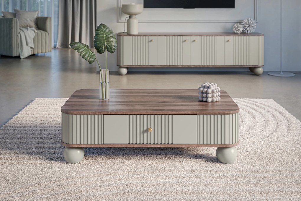 Stolik kawowy Vesper 103x60 cm z szufladą - kaszmir / orzech / złote uchwyty / nogi kule