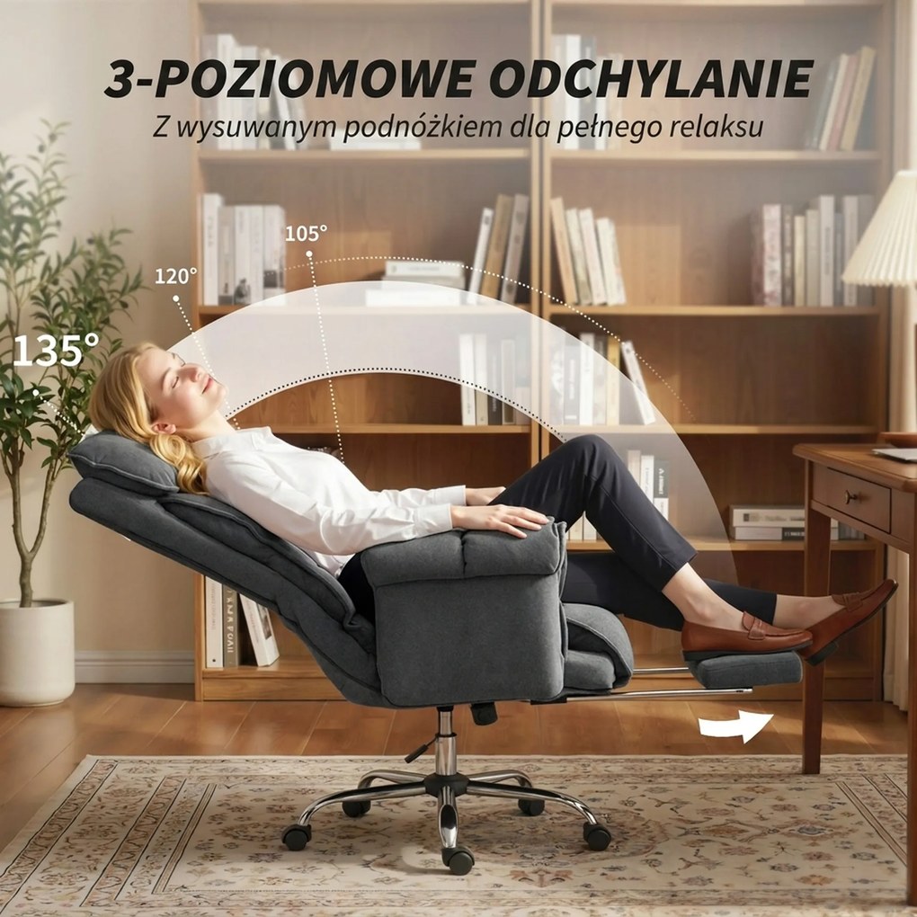 HOMCOM Fotel biurowy regulowany obrotowy z podparciem lędźwiowym, podnóżkiem, flanelą śnieżną, 80 x 80 x 106-114 cm, ciemnoszary | Aosom PL