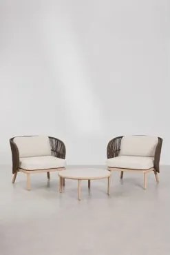 Zestaw Do Salonu Z 2 Fotelami Z Plecionej Liny Capri Oraz Stolikiem Kawowym Z Drewna Akacjowego Olivia Chocolate - Sklum