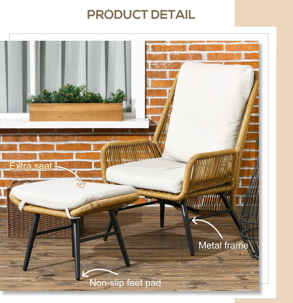 Outsunny Fotel ogrodowy i podnóżek z polirattanem, regulowane oparcie, jasny brąz/szary/czarny