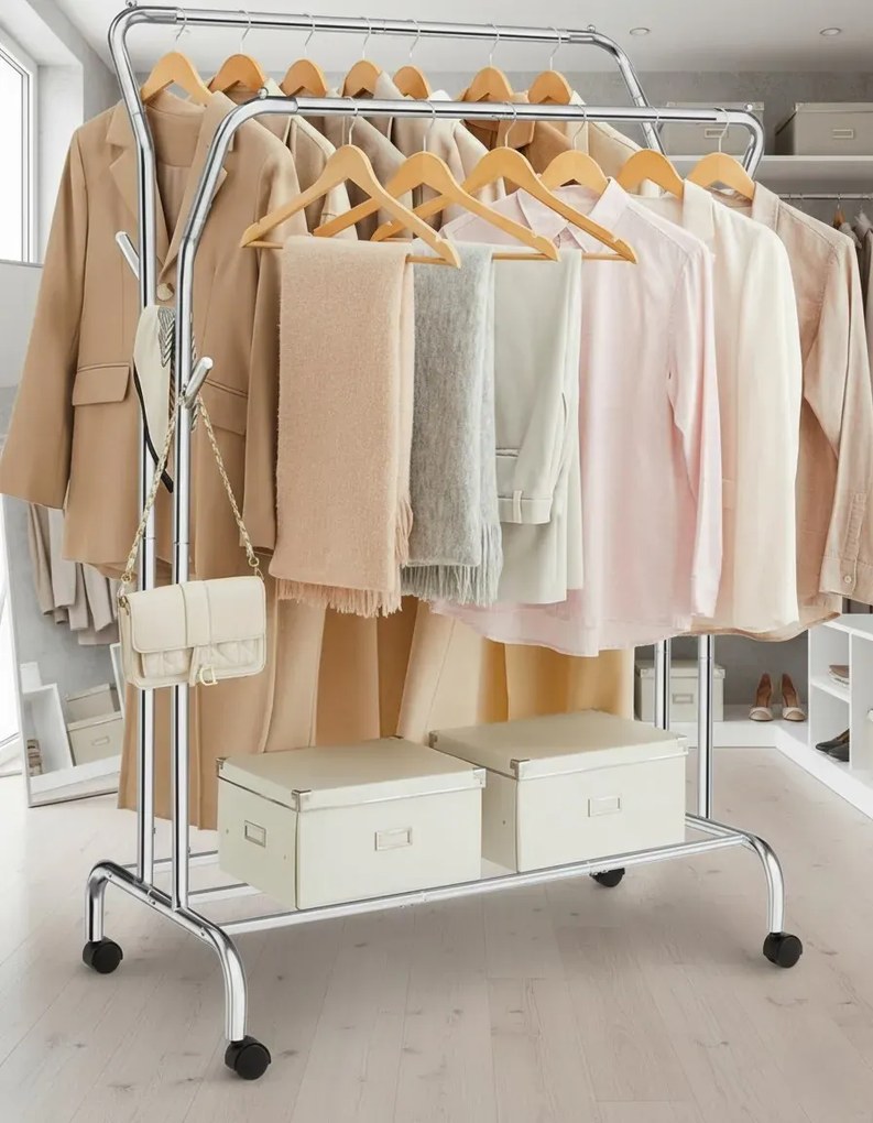 Srebrny Wieszak Metalowy Stojak Na Ubrania Na Kółkach M0-A93