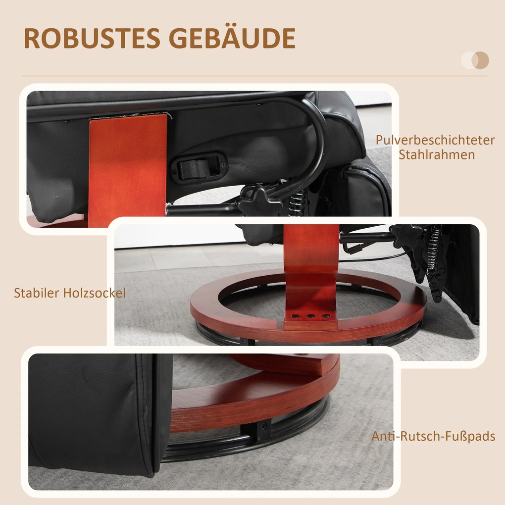 HOMCOM Obrotowy fotel relaksacyjny z funkcją leżenia, do 150 kg, obicie ze skóry ekologicznej, stelaż stalowy, Brązowy