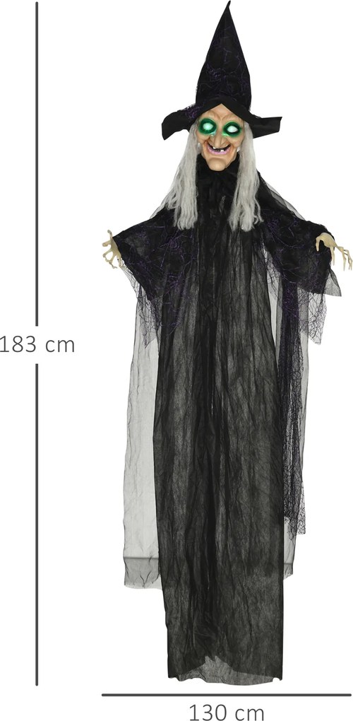 HOMCOM Czarownica na Halloween, Dekoracja z Funkcją Dźwiękową, z Czujnikiem Ruchu, LED, 130 cm x 18 cm x 183 cm