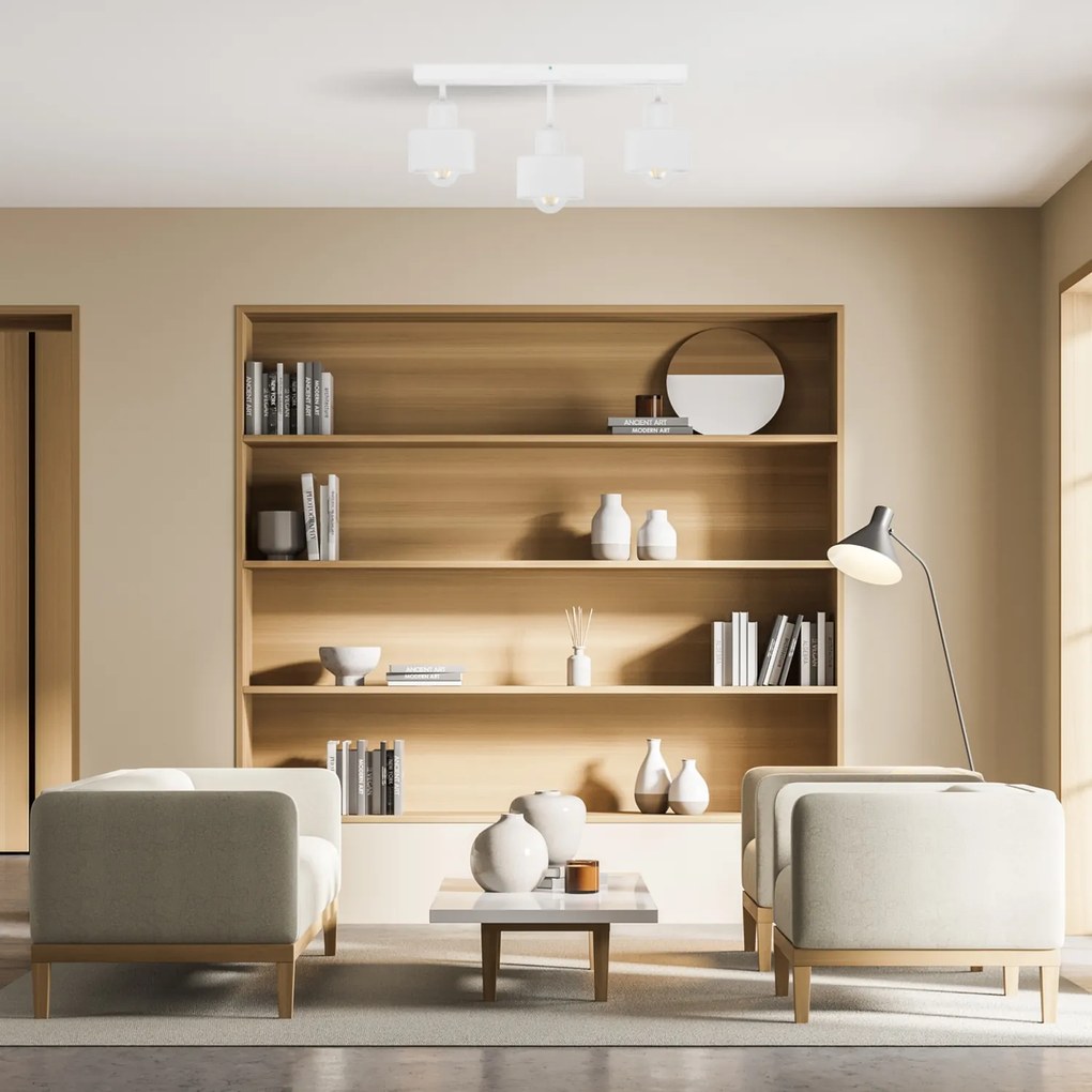 Biała lampa sufitowa, trzypunktowy spot DWE50x7WE z drewna i metalu E2