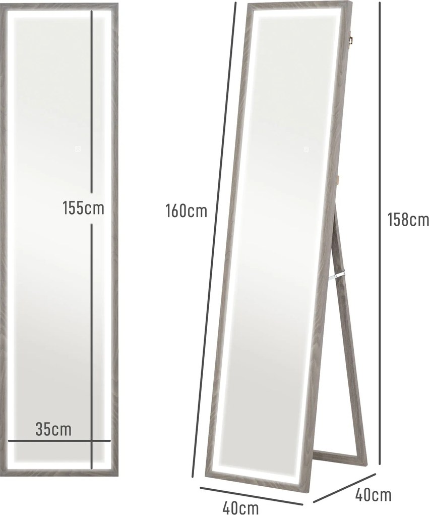 HOMCOM Lustro całego ciała z LED, 40 x 160 cm, sterowanie dotykowe, ściemnialne, 3 kolory, Szary