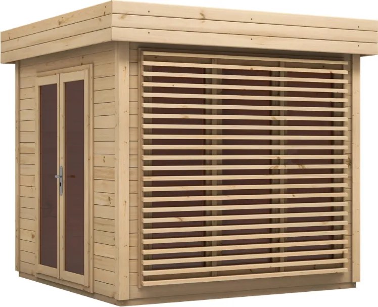 DREWNIANY DOMEK 270 x 270 cm OGRODOWY LAWENDA ZE ŚWIERKU Z PRZESZKLONYM FRONTEM I DRZWIAMI DWUSKRZYDŁOWYMI