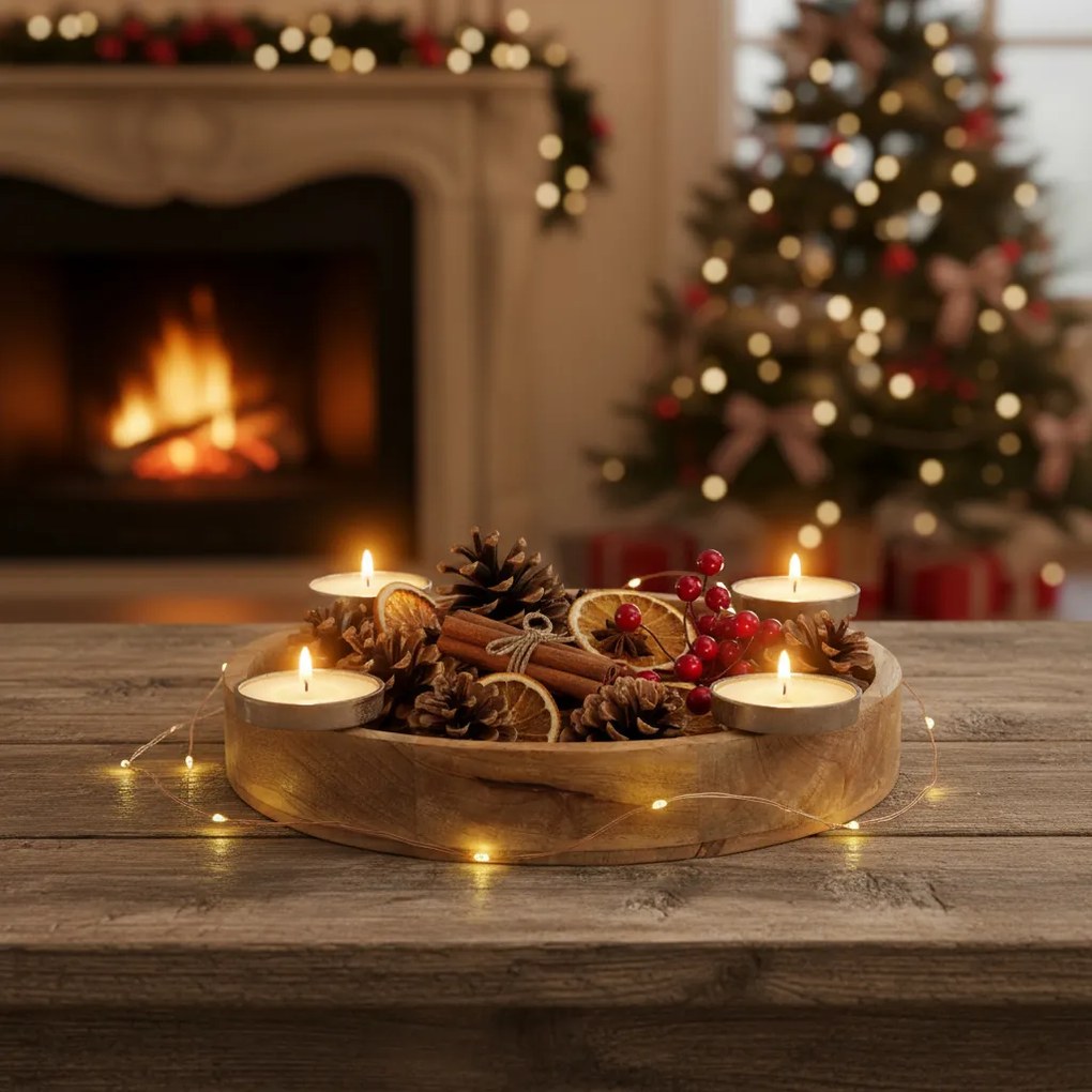 Świecznik z drewna mango Ø 40 cm, czteroramienny