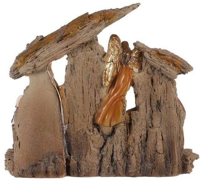 Dekoracja świąteczna Szopka z Trzema Królami i aniołem, poliresin, LED, brązowy, 20 x 23 x 7 cm