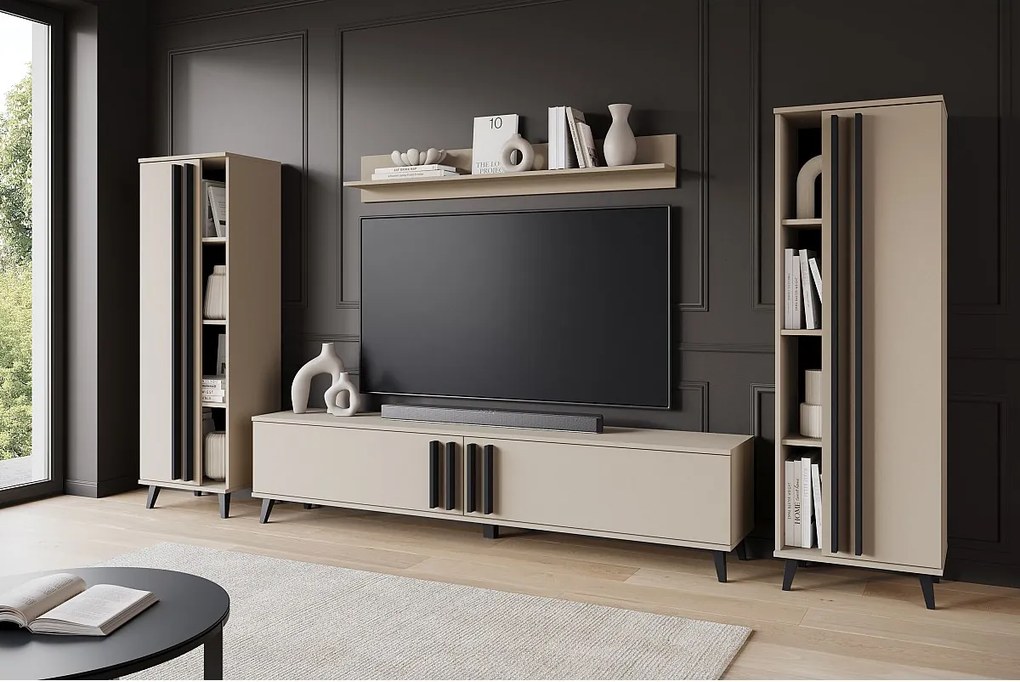 Meblościanka 180 cm do salonu na nóżkach – nowoczesny zestaw RTV z regałami i półką, congo, uchwyty czarny mat