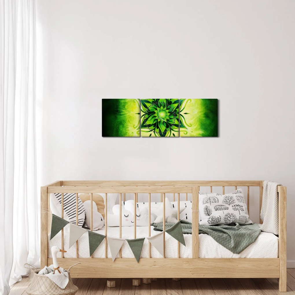 Obraz - Kwiatowa mandala na zielonym tle (z zegarem) (90x30 cm)