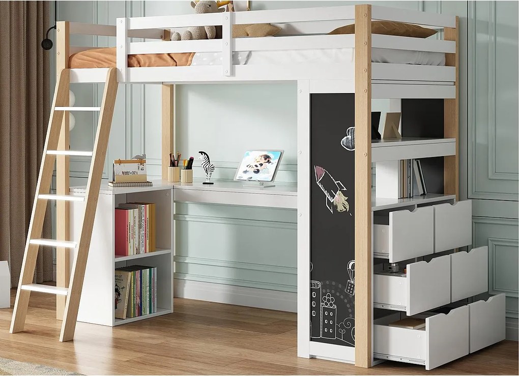 Łóżko na antresoli 90x200 cm - Z biurkiem i półkami - Z szufladami i tablicą kredową - Biały