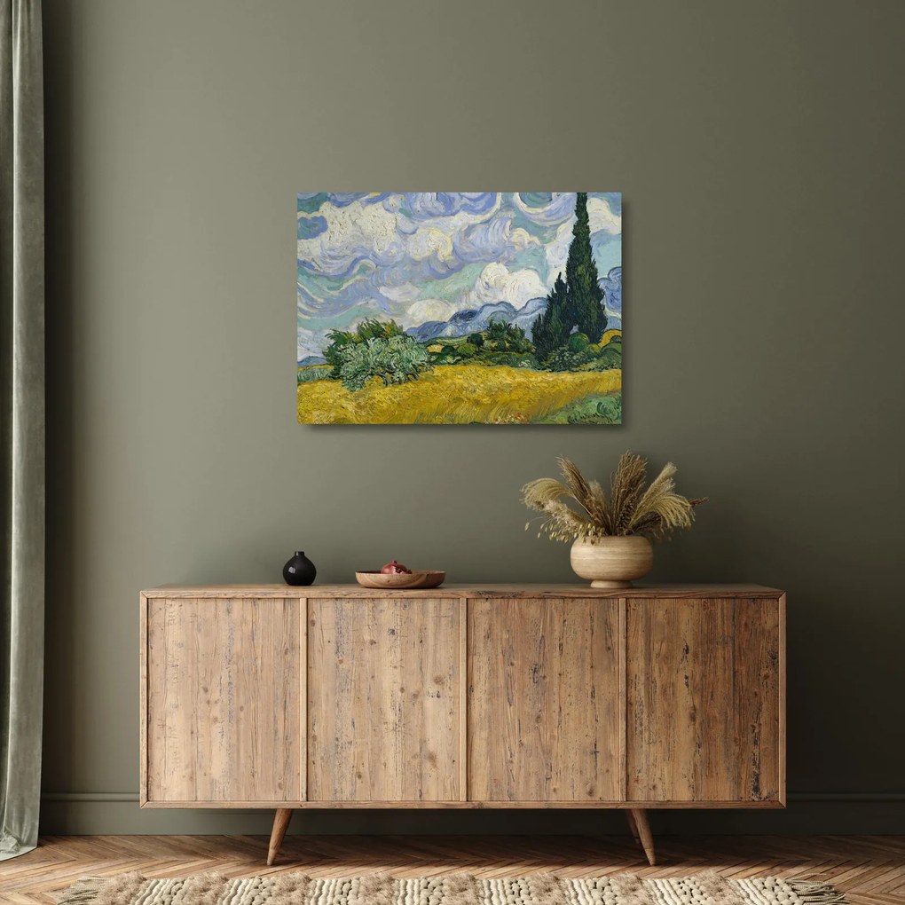 Obraz na szkle - Vincent van Gogh, Wheat Field with Cypresses, reprodukcje (70x50 cm)