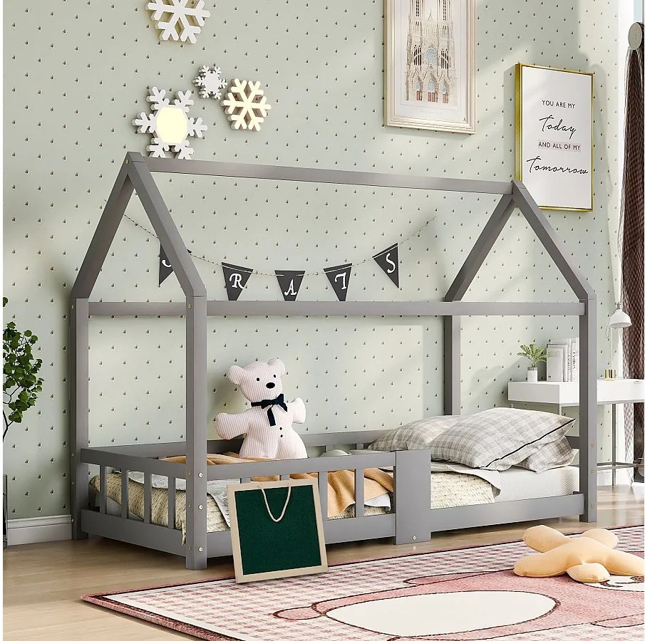 Łóżko kabinowe 90 x 200 cm - Łóżko dziecięce z barierkami zabezpieczającymi - drewno szare - materac nie jest wliczony w cenę