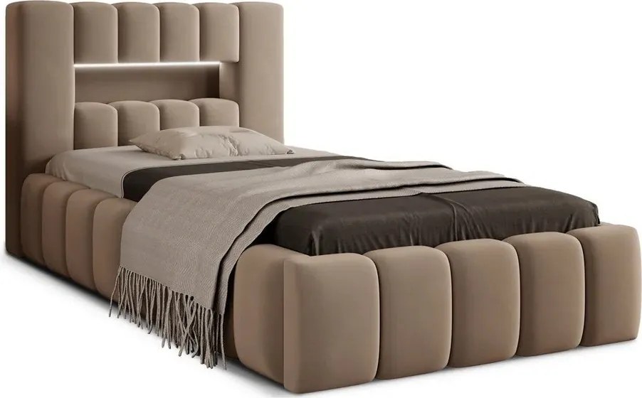 Jasnobrązowe tapicerowane łóżko jednoosobowe ze schowkiem ze stelażem 90x200 cm Lamica – ELTAP