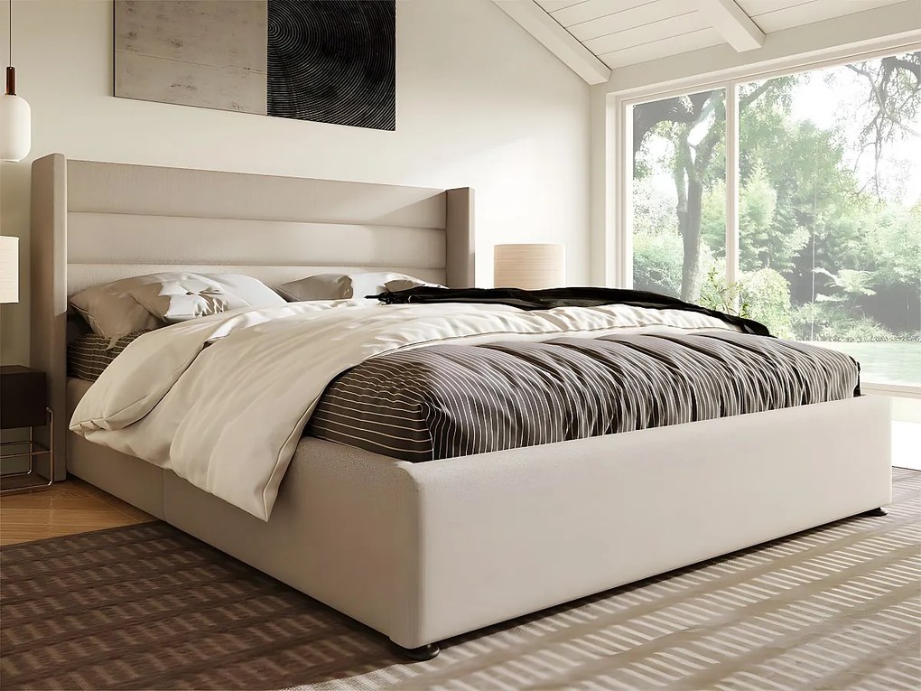 Łóżko 160x200cm z lnu z stelażem na listwy - Beżowe