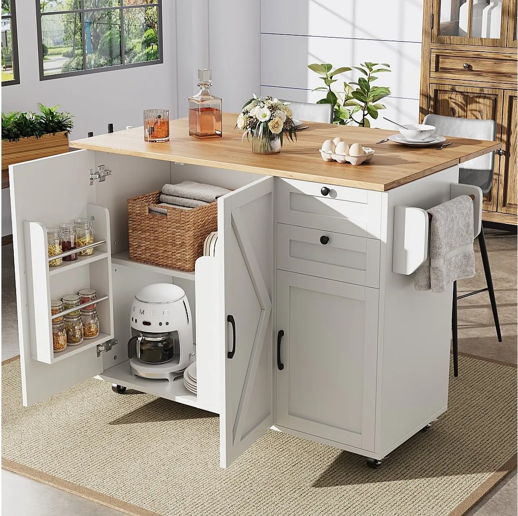 Wózek kuchenny ze składanym blatem, 3 drzwi i 2 szuflady, biały - do salonu i jadalni