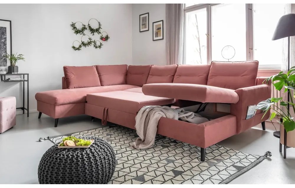 Różowa aksamitna rozkładana sofa w kształcie litery "U" Miuform Stylish Stan, lewostronna