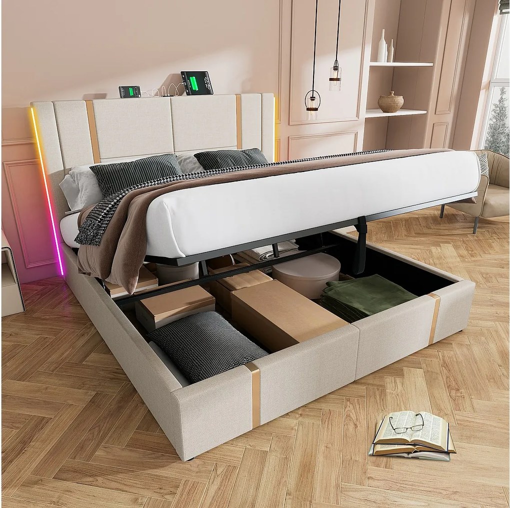 Łóżko ze schowkiem 160x200 cm - beżowy len - łóżko małżeńskie z funkcją ładowania LED i USB - bez materaca