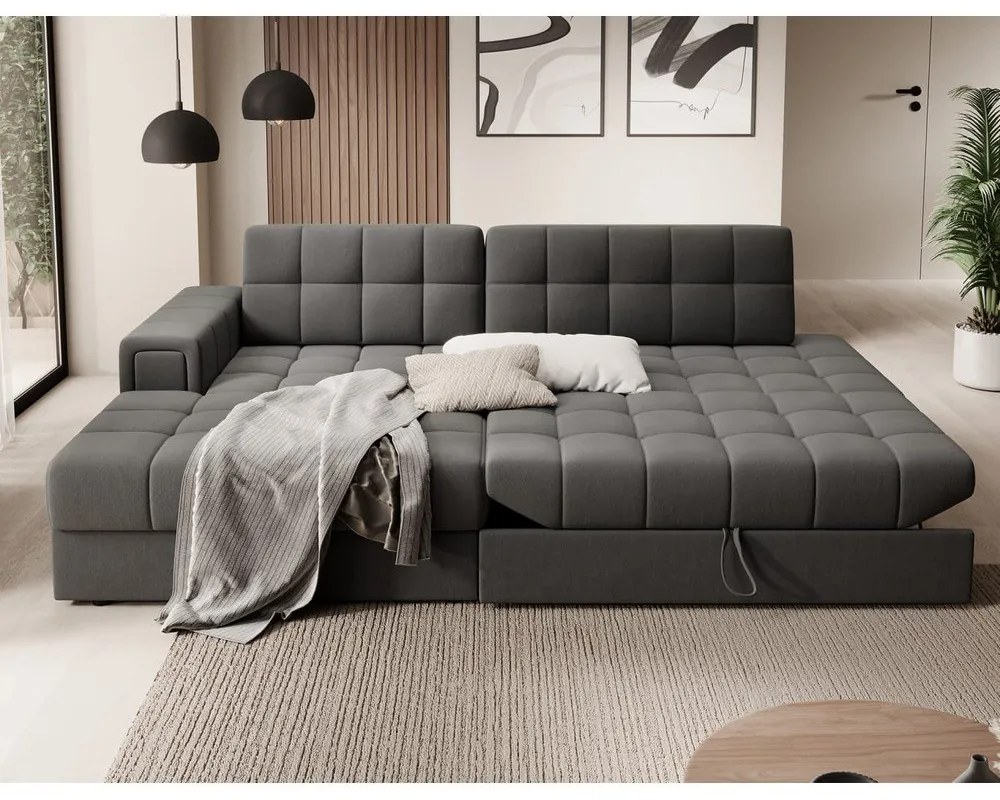 Szarobrązowy aksamitny rozkładany narożnik (lewostronny/z szezlongiem) Blezalt – ELTAP