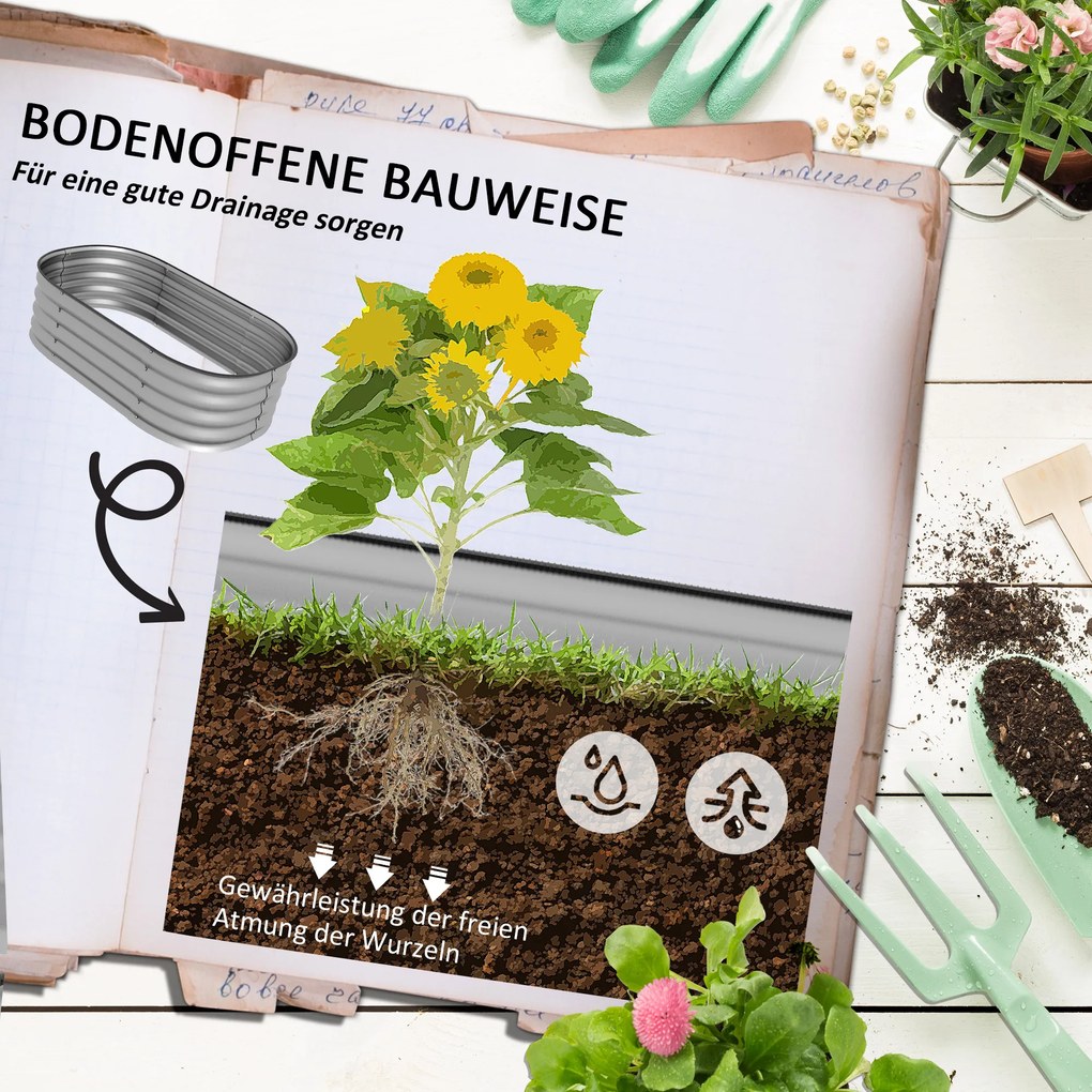 Outsunny Hochbeet Donica Warzywna, modularne łóżko wysokie, zabezpieczone krawędzie, design bez dna, 105 x 62 x 30 cm, Srebrny