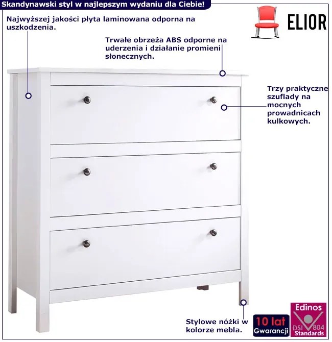 Biała komoda na nóżkach z 3 szufladami do sypialni - Omaron 6X