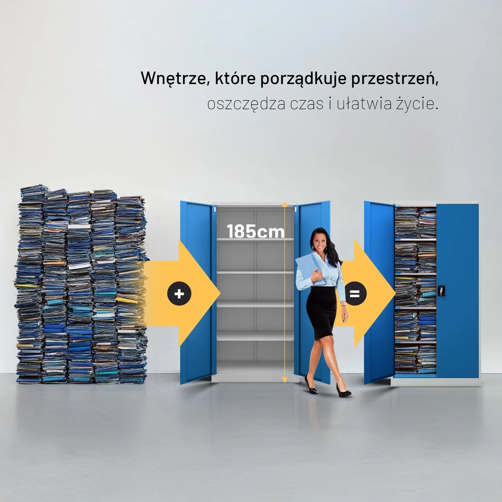 Biurowa szafa metalowa na akta JAN, 900 x 1850 x 400 mm, szaro-niebieska