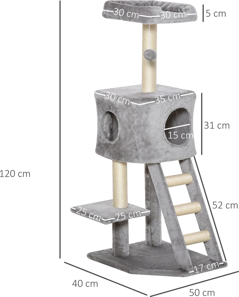 3 Drapak dla kota z jaskinią i drabinką plus miękka poduszka z MDF E1 i sizalu w kolorze jasnoszarym idealny do ostrzenia pazurów | Aosom PL
