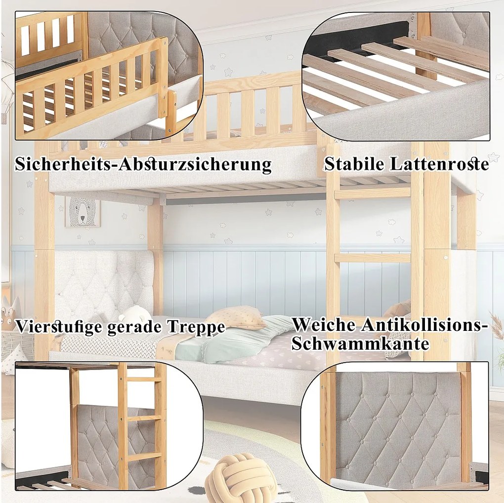 Łóżko piętrowe dla dzieci - 2 x 90 x 200 cm - z amortyzującymi krawędziami z pianki - drewno + MDF - szary + naturalny