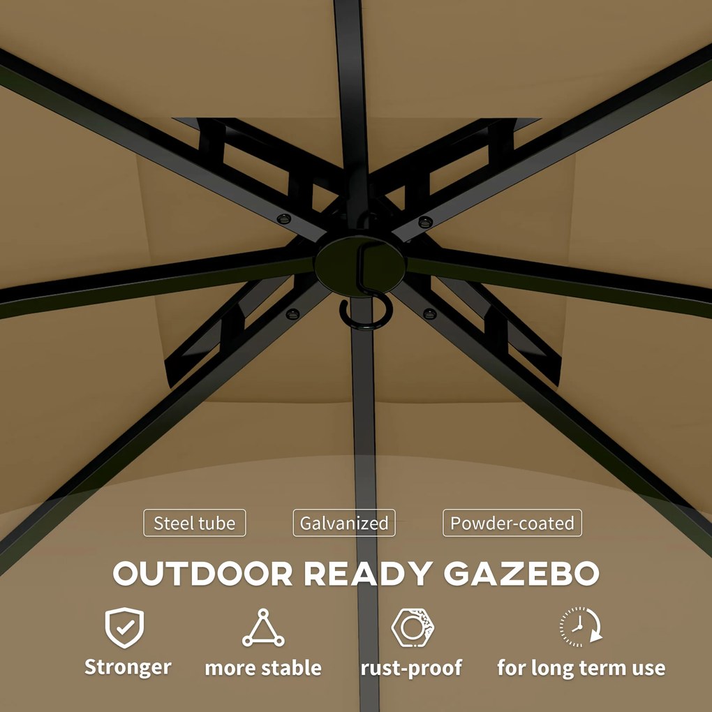Outsunny 3,4 x 3,4 m Pawilon Ogrodowy z Wentylacyjnym Dachem, Łukowymi Oknami, Stelażem Stalowym, Beżowy