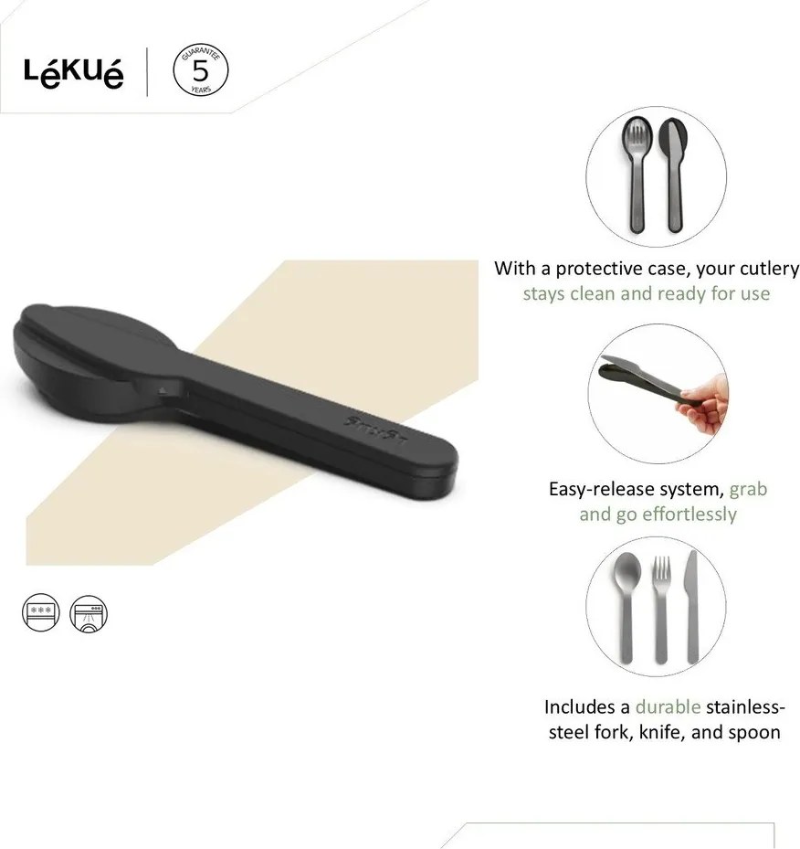 Sztućce podróżne ze stali nierdzewnej w czarno-srebrnym kolorze staw 3 szt. To Go – Lékué