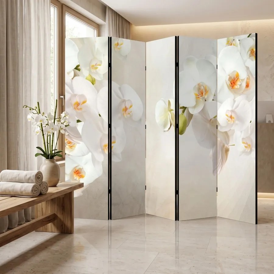 Parawan pokojowy 5-częściowy 225x172 Jednostronny dekoracyjny elegancki romantyczny Kremowy Białe Orchidee Spa