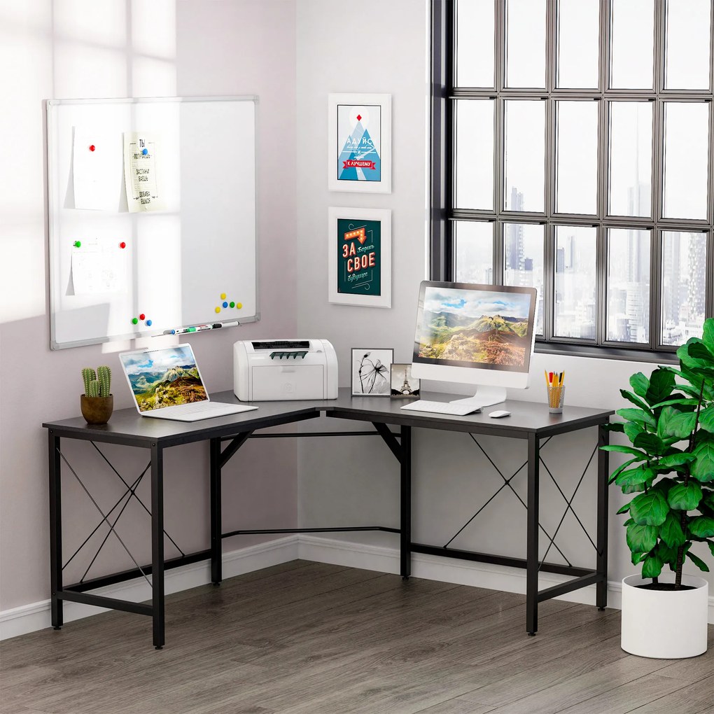 HOMCOM Biurko komputerowe, biurko narożne w kształcie litery L, biurko narożne, MDF, kolor naturalny/czarny