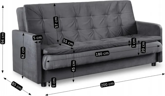 Sofa z Funkcją Spania STELLA Rozkładana Wersalka Dwuosobowa Szara Nowoczesna do Salonu