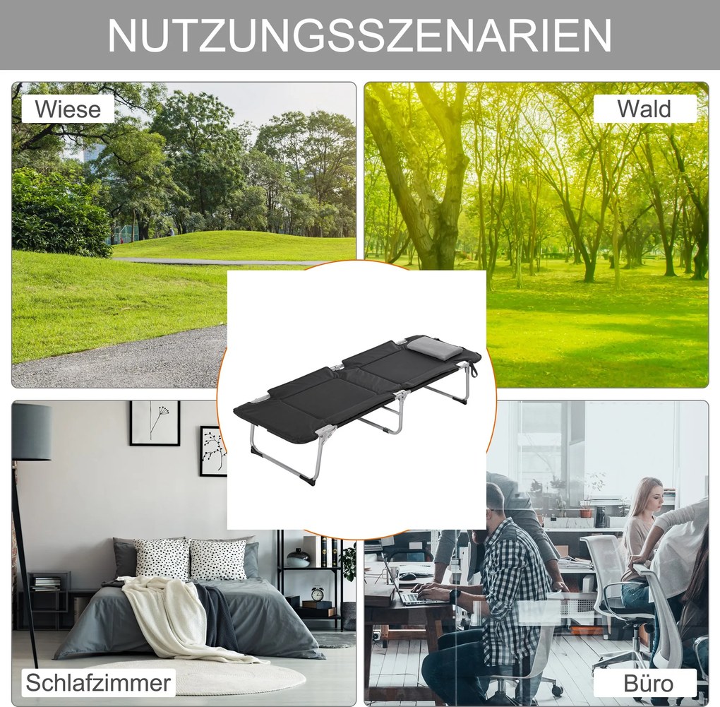 Outsunny Łóżko polowe składane Czarne z poduszkami Leżak kempingowy 183x66x33cm | Aosom PL