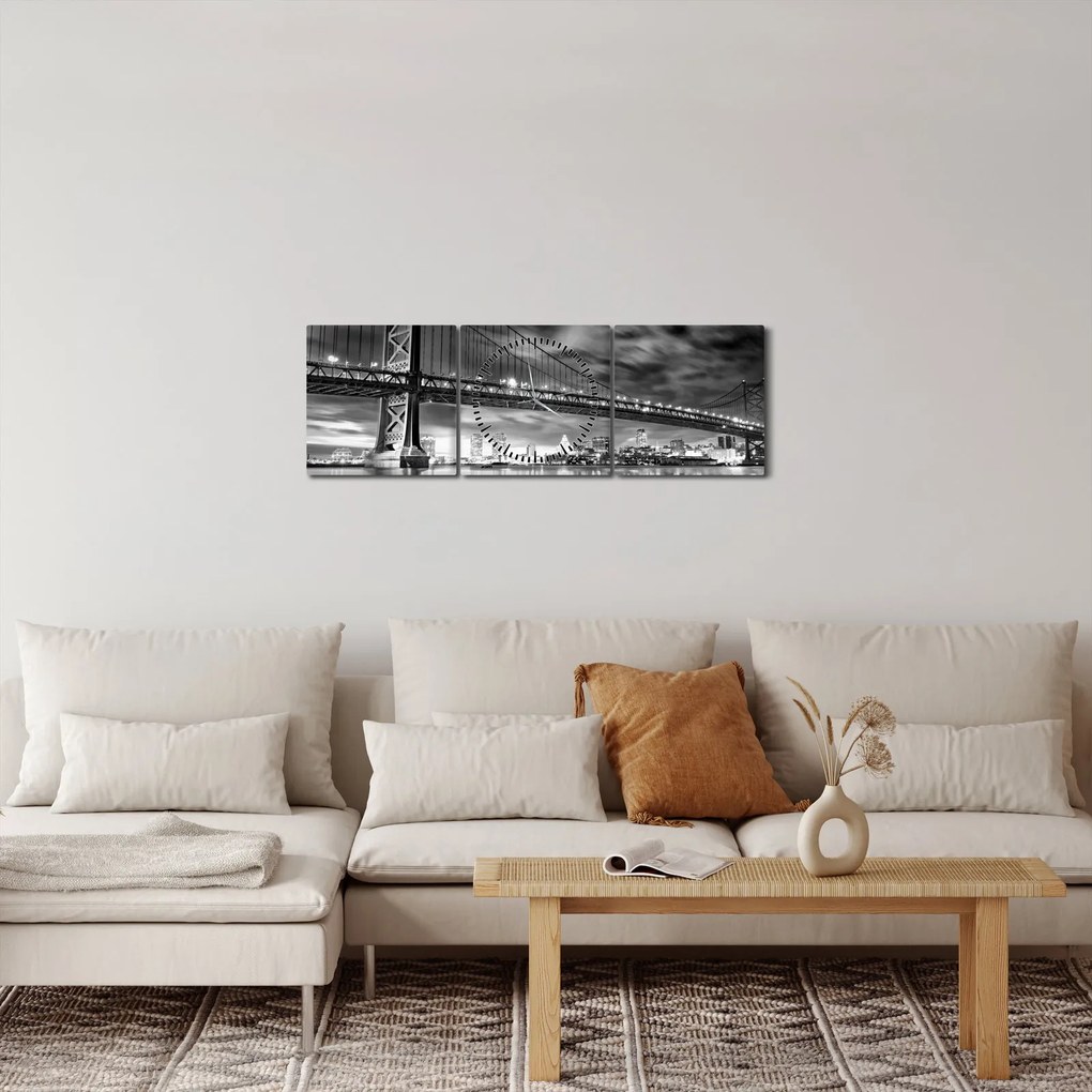 Obraz - Most Benjamina Franklina, Filadelfia, czarno  -biały (z zegarem) (90x30 cm)