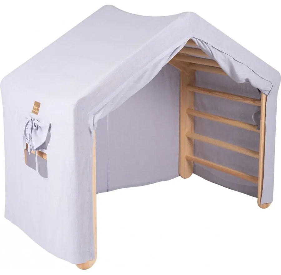 Duży domek z drabinką dla dzieci 112x61x94 cm składaną do pokoju. drewno, len, wiskoza, szaroniebieski domek, naturalna drabinka. - meowbaby®