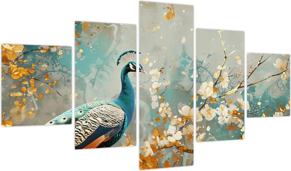 Obraz - Paw ze złotą dekoracją (125x70 cm)