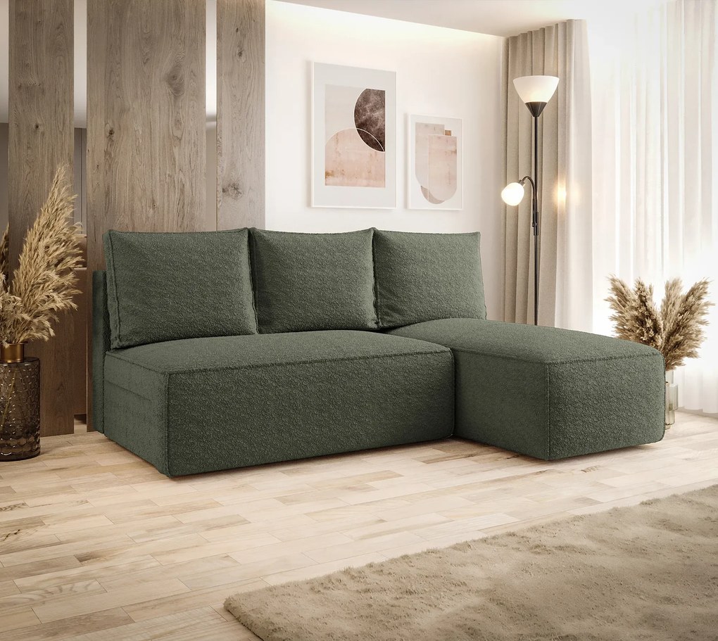 Zielona sofa narożna z funkcją spania i pojemnikiem E1-T47
