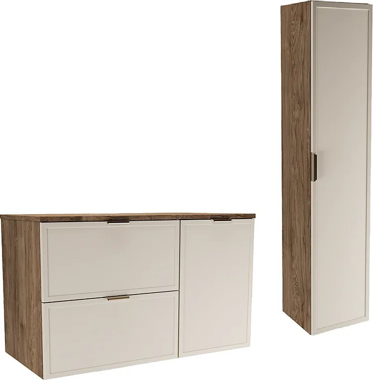 Zestaw do Łazienki 100cm Szafka z Koszem na Pranie Słupek Fronty Ramka Dąb Orzech / Kaszmir Roma