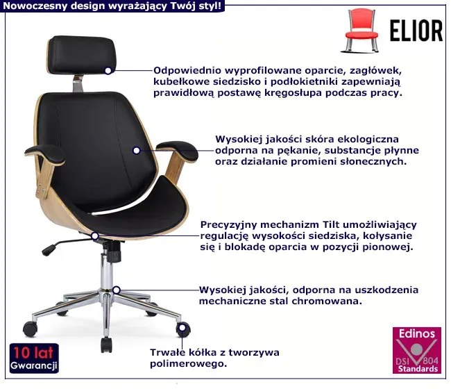 Nowoczesny fotel obrotowy czarny + dąb złoty - Hibi