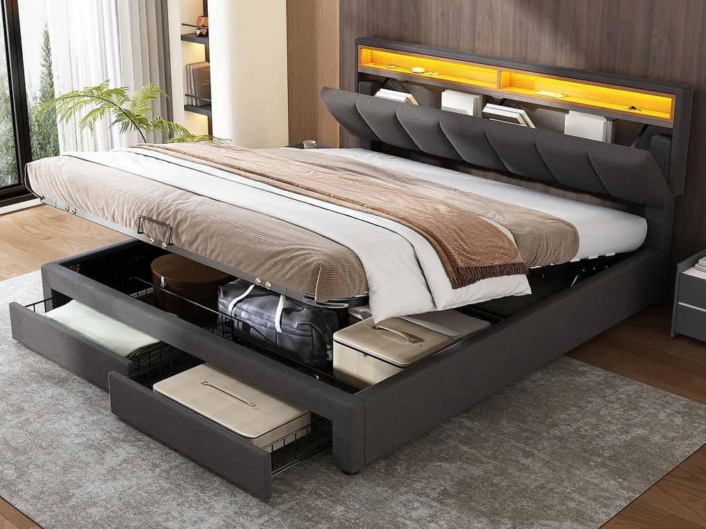 Łóżko tapicerowane 180x200cm z lnu z szufladą i LED - zagłówek do przechowywania - stelaż na listwy - Szary