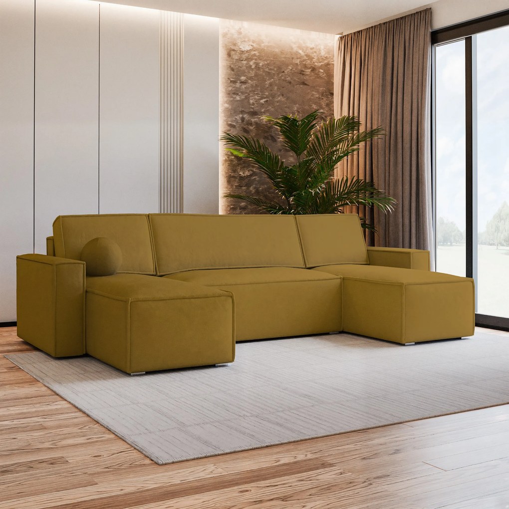 Masseno Narożnik PESANO z funkcją spania i pojemnikiem na pościel Narozniki U, Rozkładana sofa - Żółty, MONOLITH 48