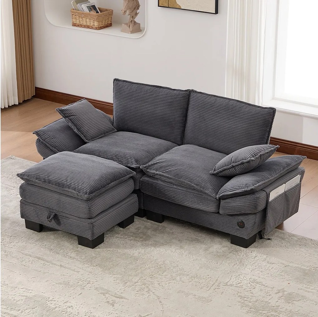 Dwuosobowy zestaw wypoczynkowy z tkaniny sztruksowej - 190 x 132 x 84 cm - z 1 pufem ze schowkiem + portem USB + kieszeniami - ciemnoszary